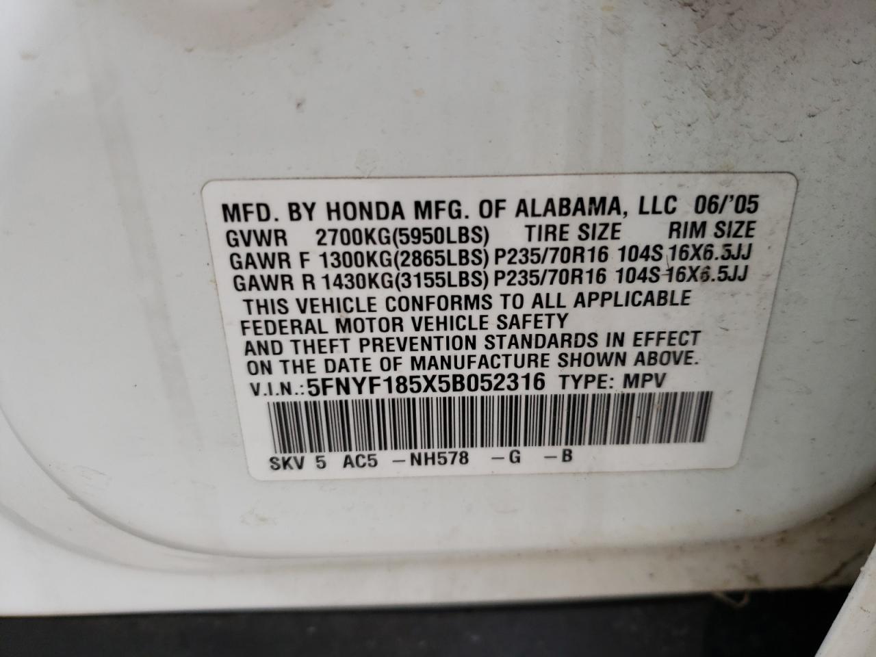 Photo 10 from auction – 2005 HONDA PILOT EXL with VIN 5FNYF185X5B052316