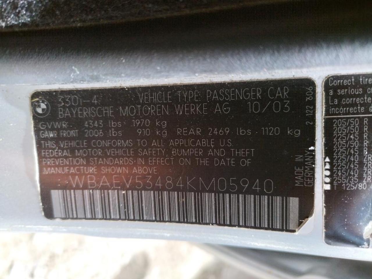 Photo 10 from auction – 2004 BMW 330 I with VIN WBAEV53484KM05940