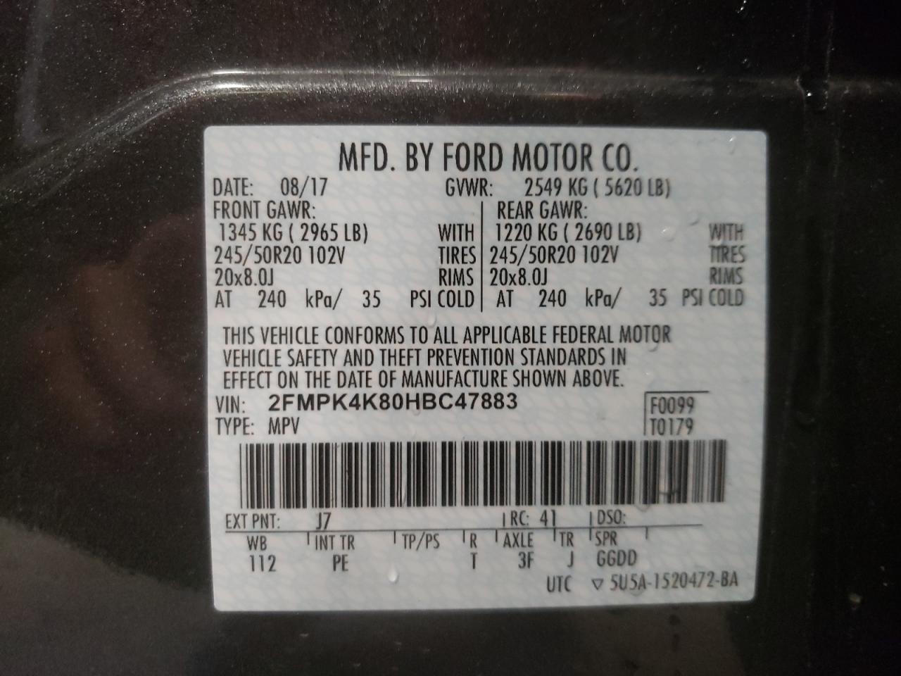 Photo 10 from auction – 2017 FORD EDGE TITAN with VIN 2FMPK4K80HBC47883