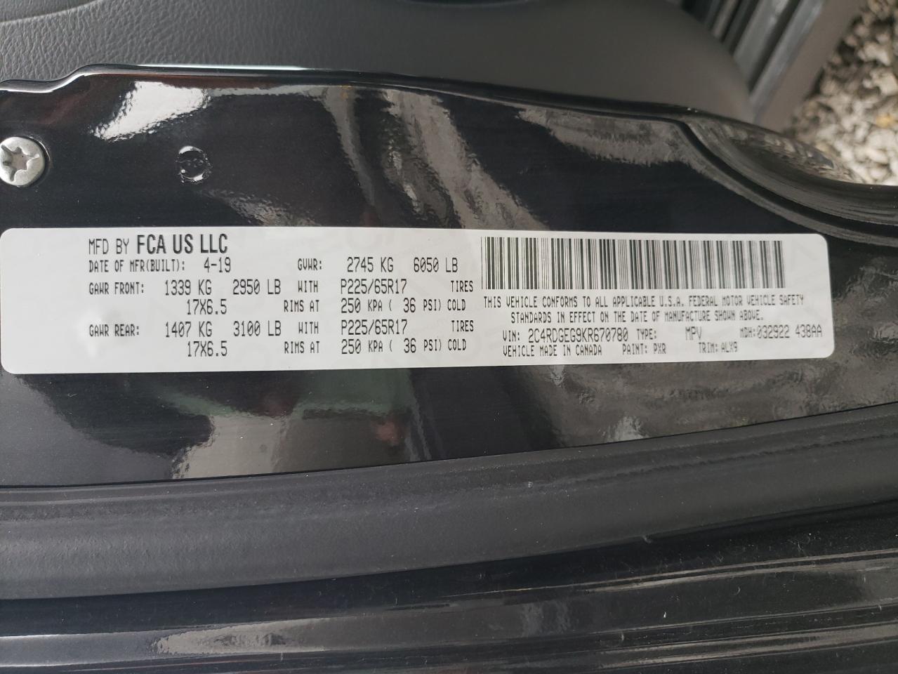 Photo 10 from auction – 2019 DODGE GRAND CARA with VIN 2C4RDGEG9KR670780