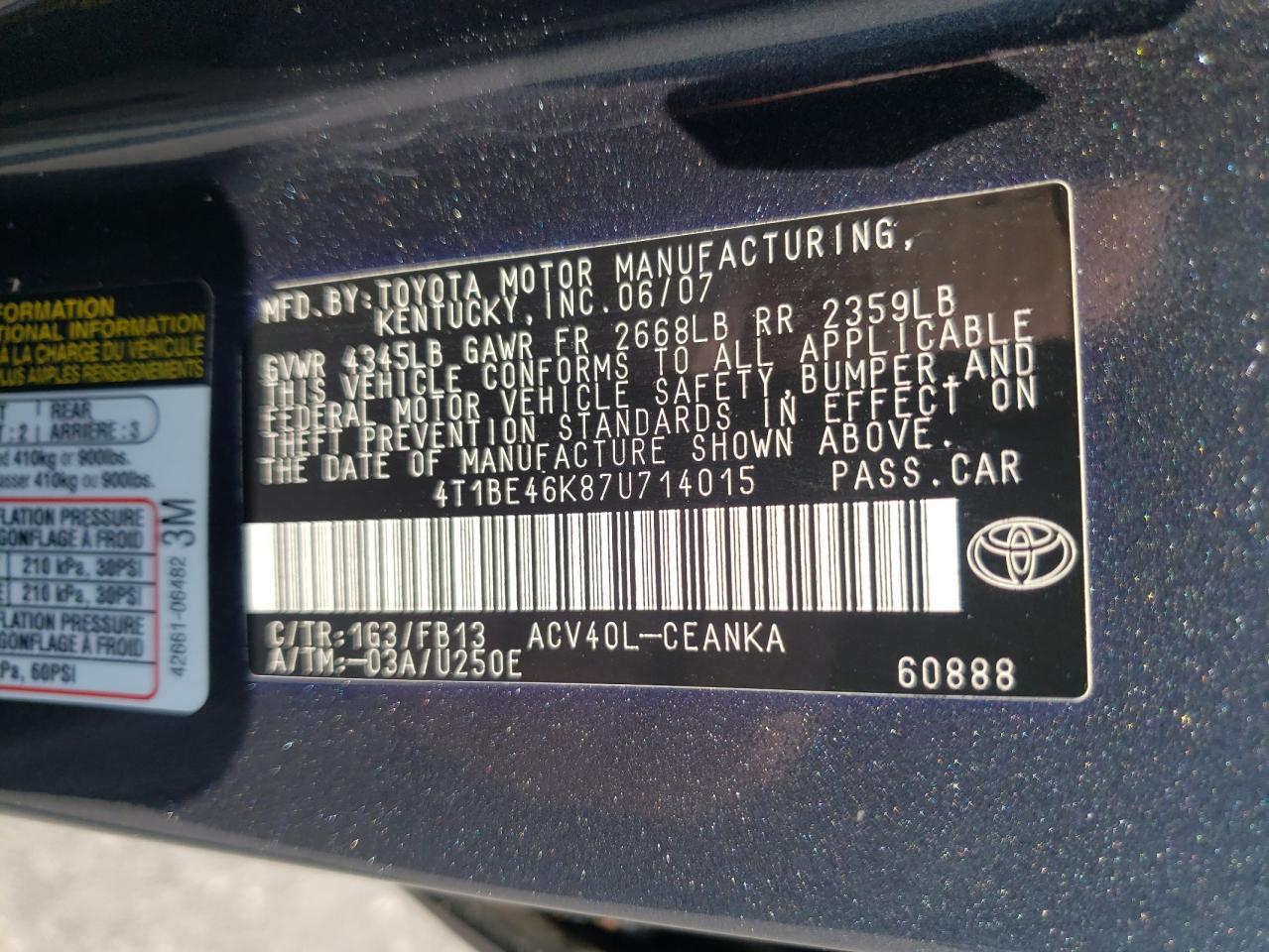 Photo 10 from auction – 2007 TOYOTA CAMRY CE with VIN 4T1BE46K87U714015