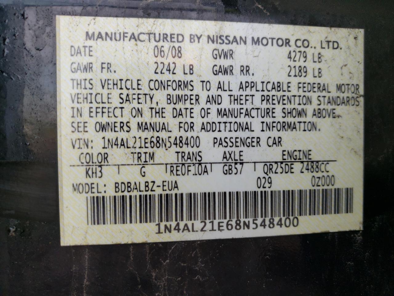 Photo 10 from auction – 2008 NISSAN ALTIMA 2.5 with VIN 1N4AL21E68N548400