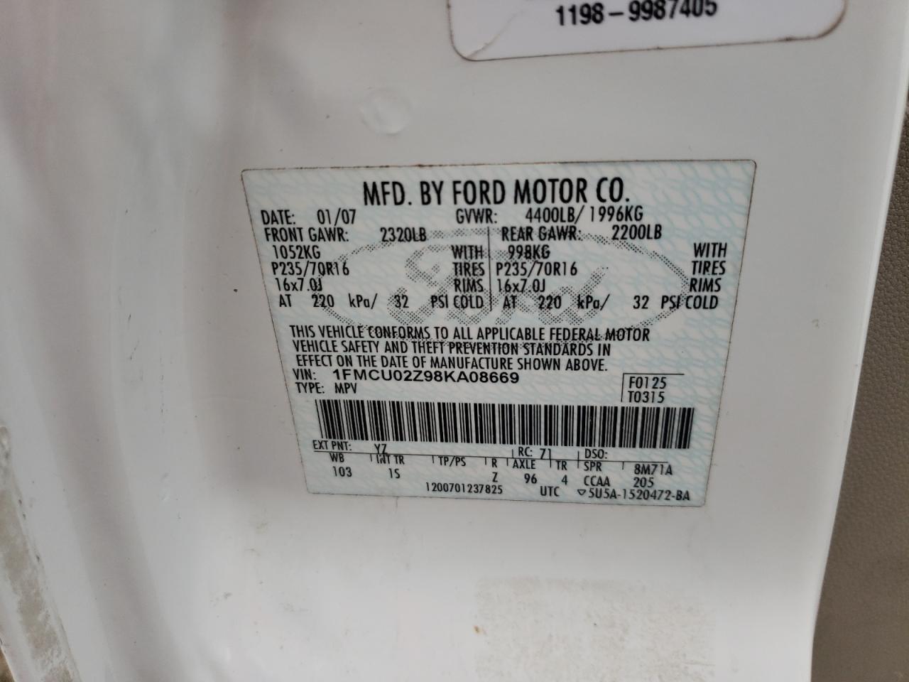 Photo 10 from auction – 2008 FORD ESCAPE XLS with VIN 1FMCU02Z98KA08669