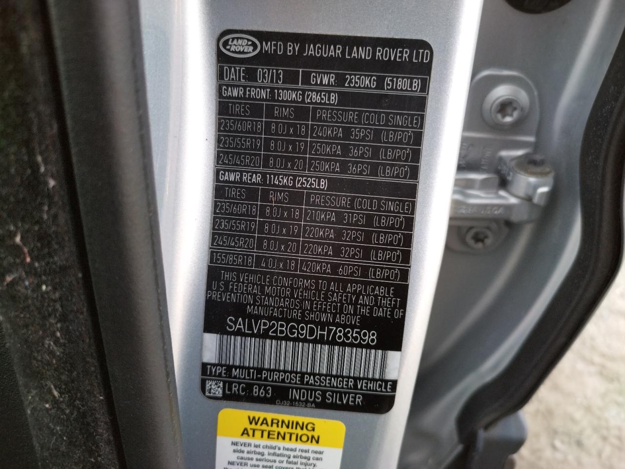 Photo 10 from auction – 2013 LAND ROVER RANGE ROVE with VIN SALVP2BG9DH783598