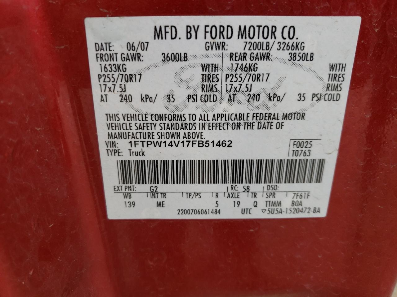 Photo 10 from auction – 2007 FORD F150 SUPER with VIN 1FTPW14V17FB51462