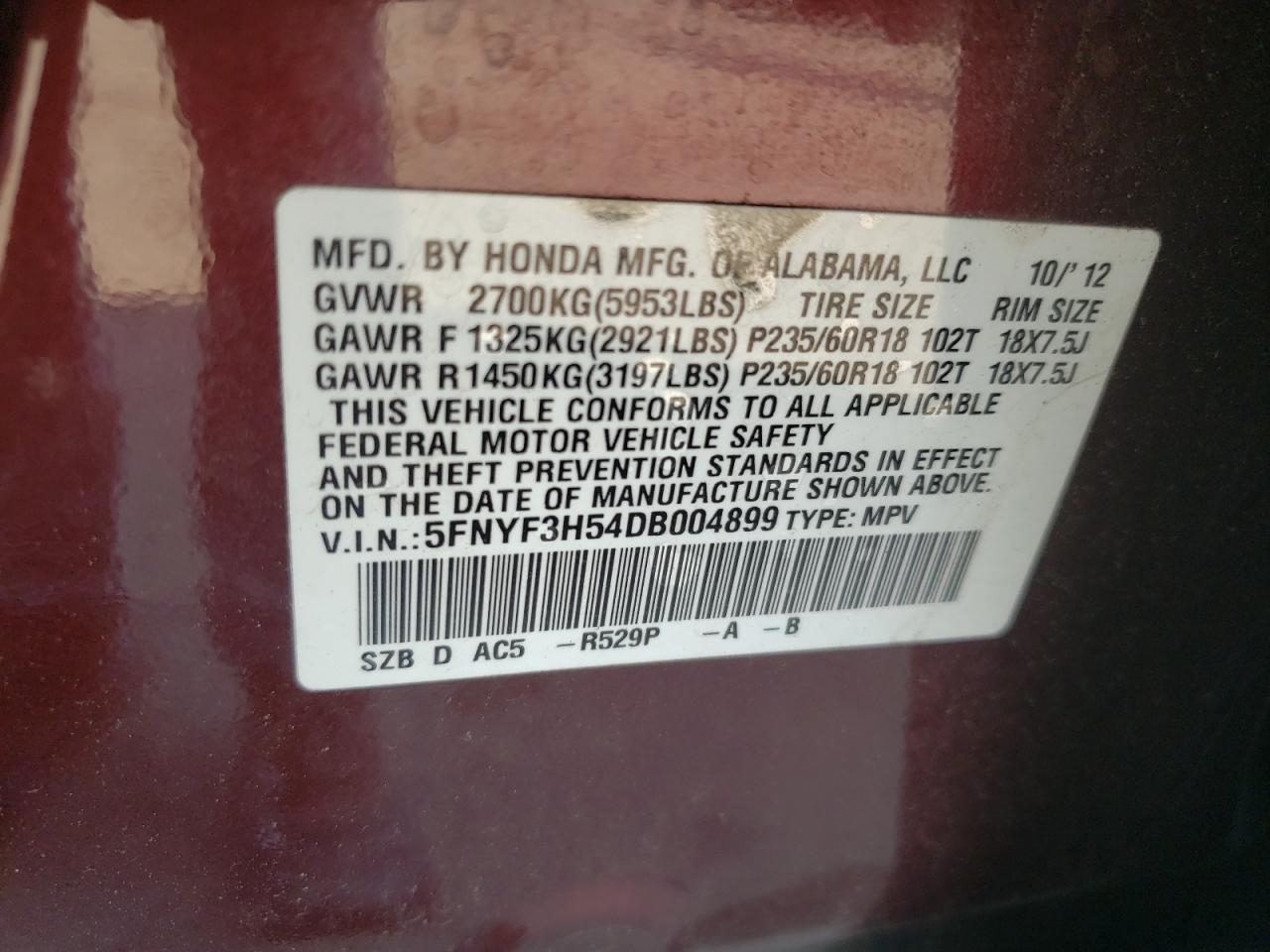 Photo 10 from auction – 2013 HONDA PILOT EXL with VIN 5FNYF3H54DB004899