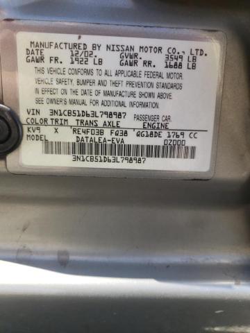 Photo 10 from auction – 2003 NISSAN SENTRA XE with VIN 3N1CB51D63L798987