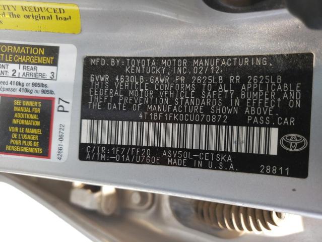 Photo 10 from auction – 2012 TOYOTA CAMRY BASE with VIN 4T1BF1FK0CU070872