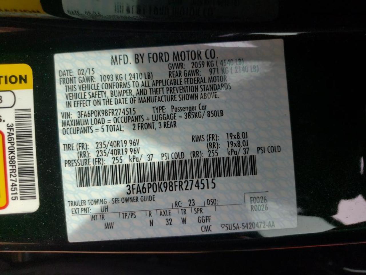 Photo 10 from auction – 2015 FORD FUSION TIT with VIN 3FA6P0K98FR274515