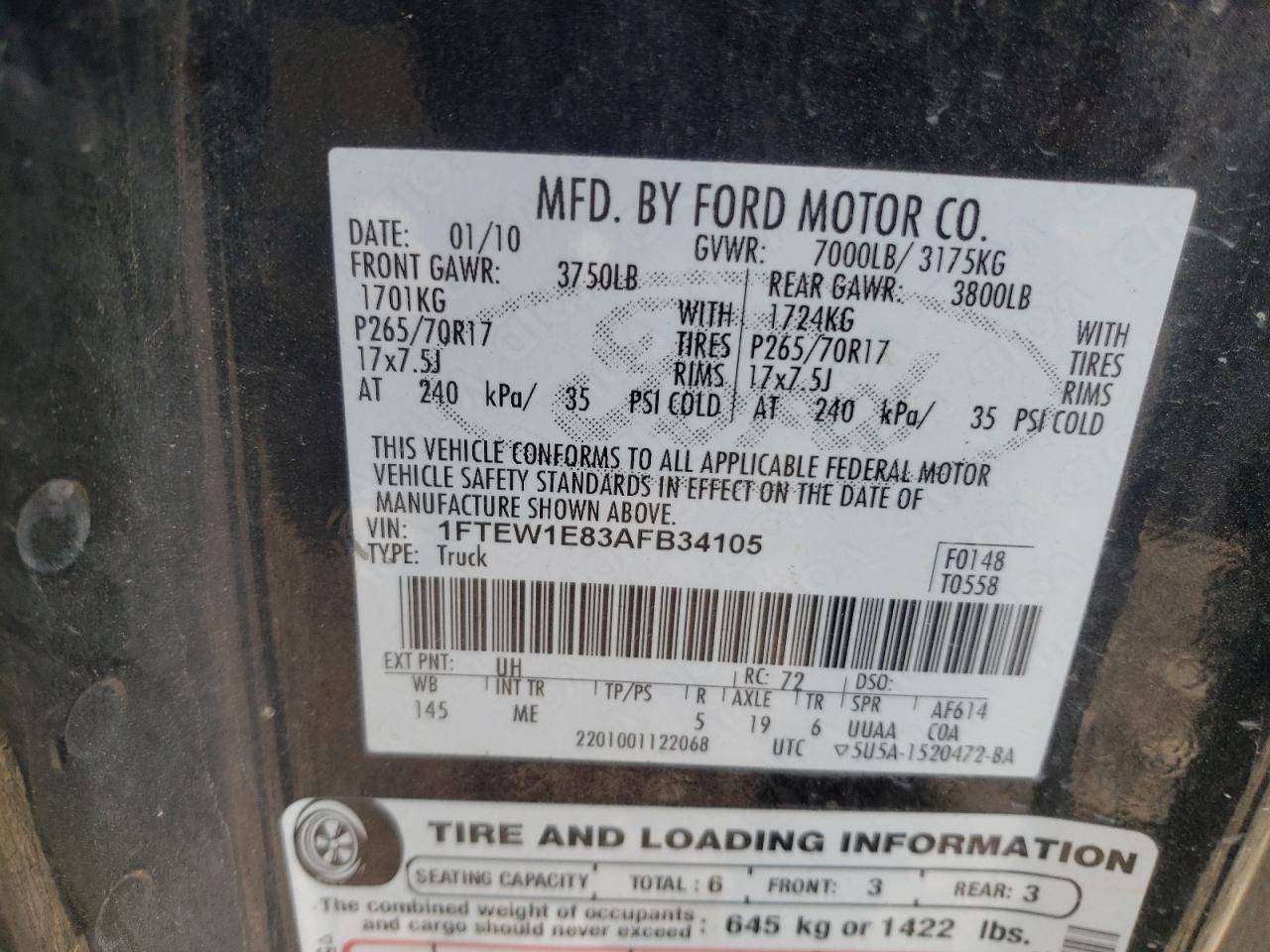 Photo 10 from auction – 2010 FORD F150 SUPER with VIN 1FTEW1E83AFB34105