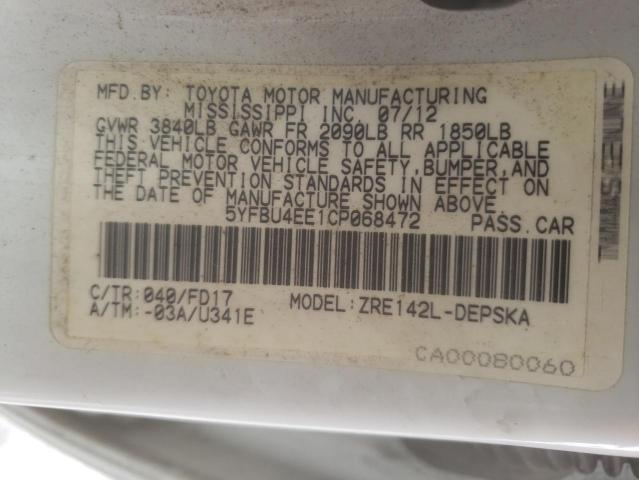 Photo 10 from auction – 2012 TOYOTA COROLLA BA with VIN 5YFBU4EE1CP068472