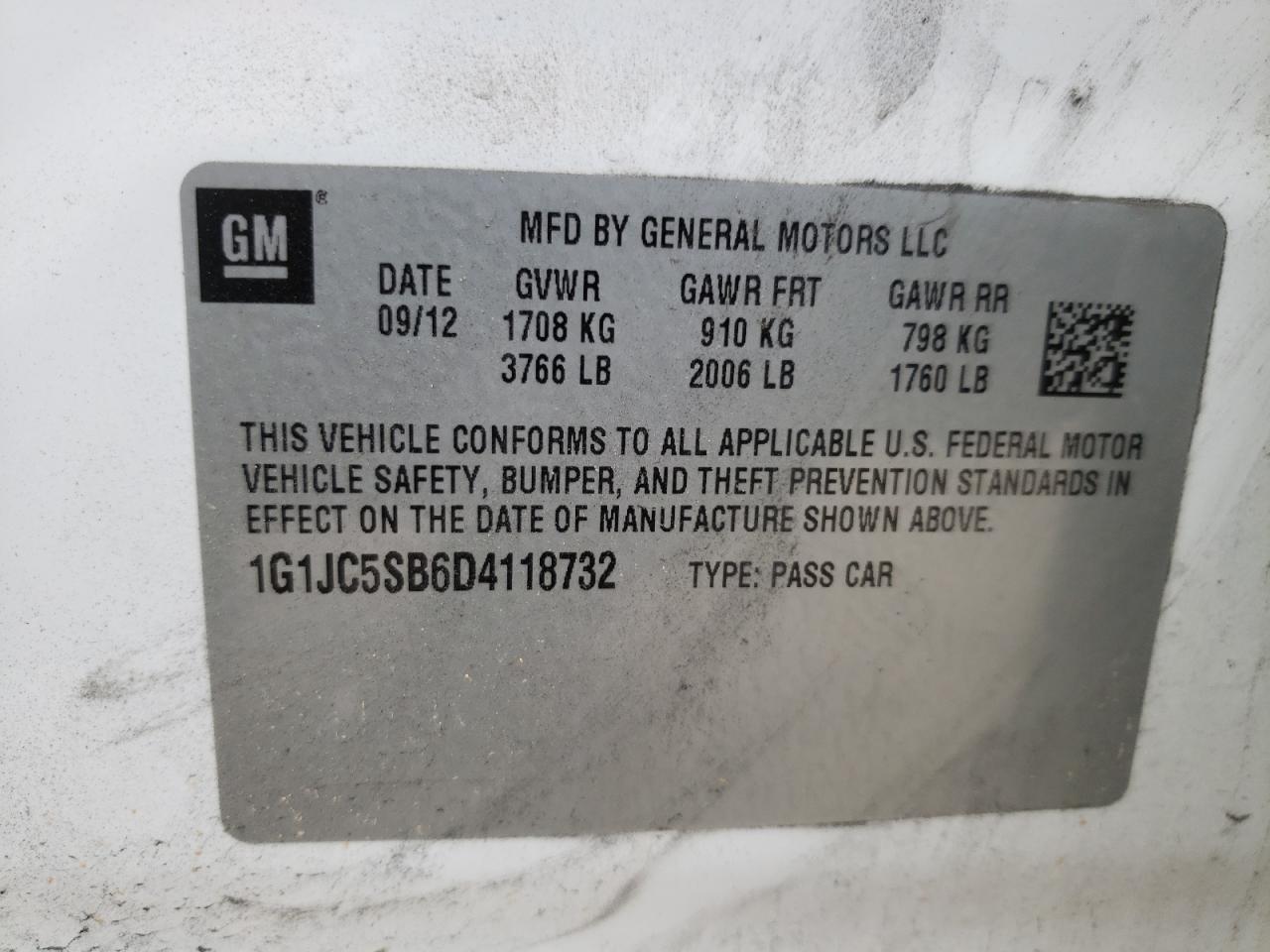 Photo 10 from auction – 2013 CHEVROLET SONIC LT with VIN 1G1JC5SB6D4118732