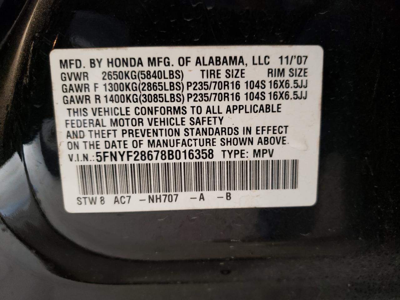 Photo 10 from auction – 2008 HONDA PILOT EXL with VIN 5FNYF28678B016358