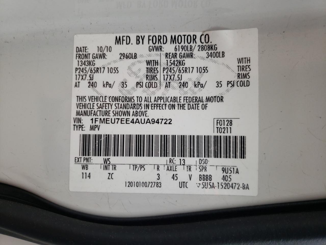 Photo 10 from auction – 2010 FORD EXPLORER E with VIN 1FMEU7EE4AUA94722