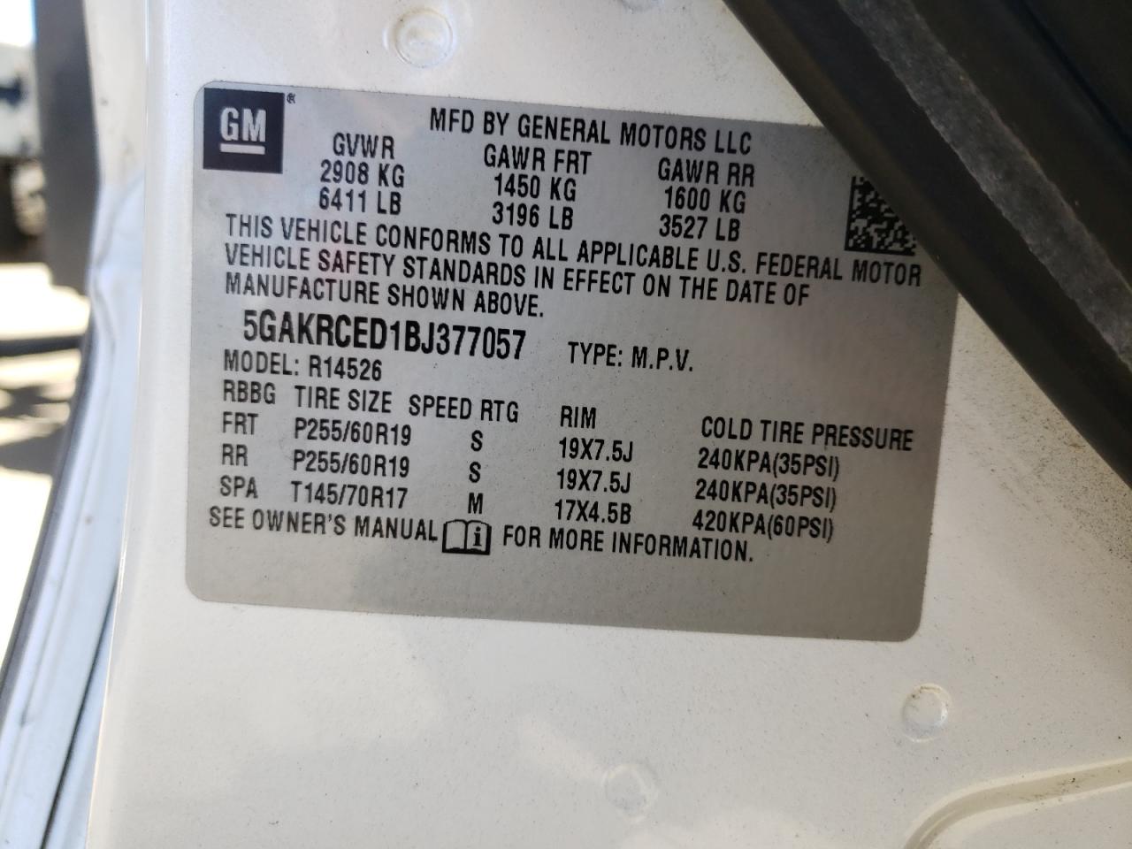Photo 10 from auction – 2011 BUICK ENCLAVE CX with VIN 5GAKRCED1BJ377057