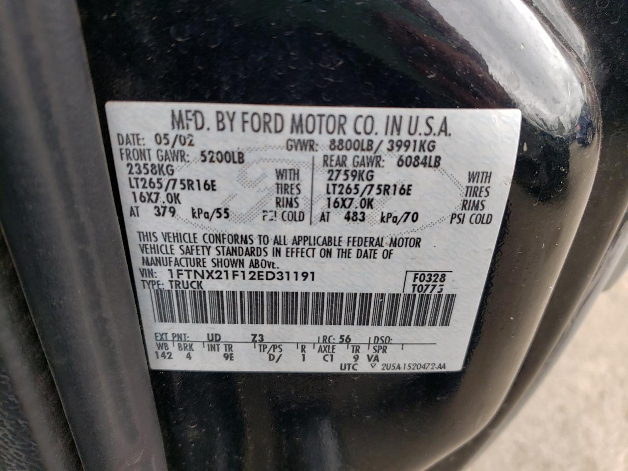 Photo 10 from auction – 2002 FORD F250 SUPER with VIN 1FTNX21F12ED31191