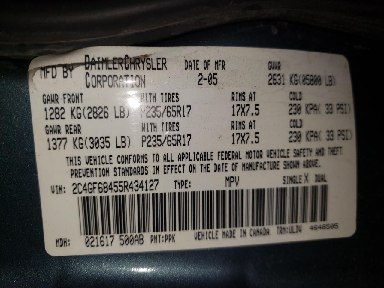 Photo 10 from auction – 2005 CHRYSLER PACIFICA T with VIN 2C4GF68455R434127