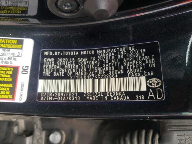 Photo 10 from auction – 2019 TOYOTA COROLLA L with VIN 2T1BURHE7KC232864