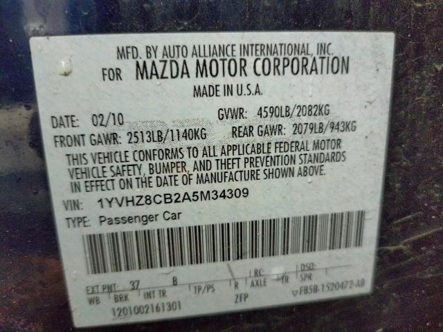 Photo 10 from auction – 2010 MAZDA 6 S with VIN 1YVHZ8CB2A5M34309