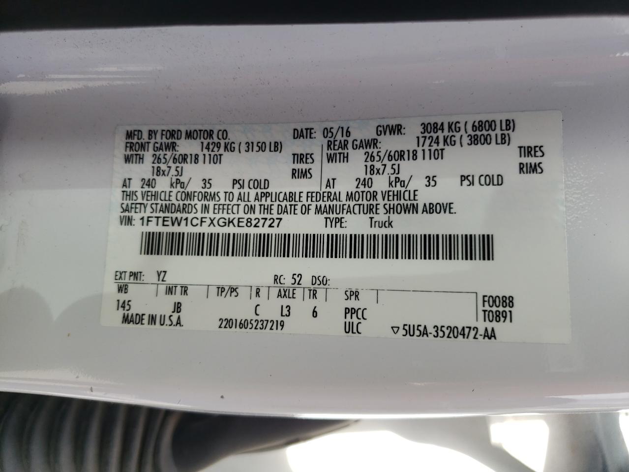 Photo 10 from auction – 2016 FORD F150 SUPER with VIN 1FTEW1CFXGKE82727