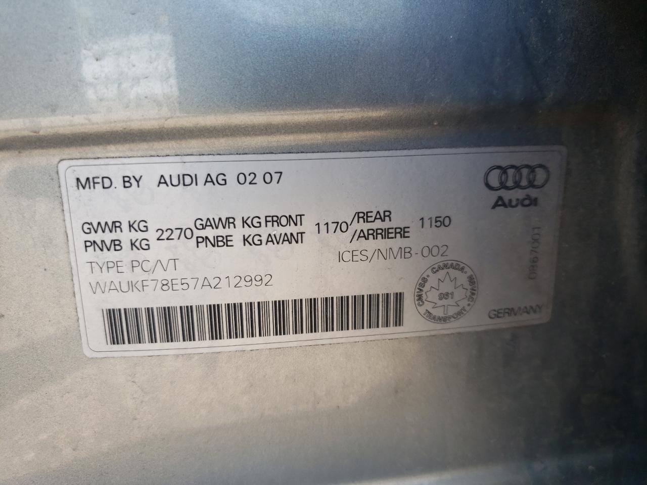 Photo 10 from auction – 2007 AUDI A4 2.0T AV with VIN WAUKF78E57A212992