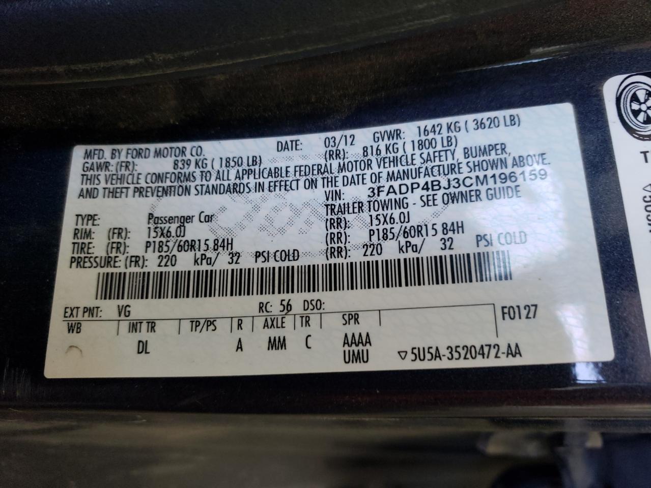 Photo 10 from auction – 2012 FORD FIESTA SE with VIN 3FADP4BJ3CM196159