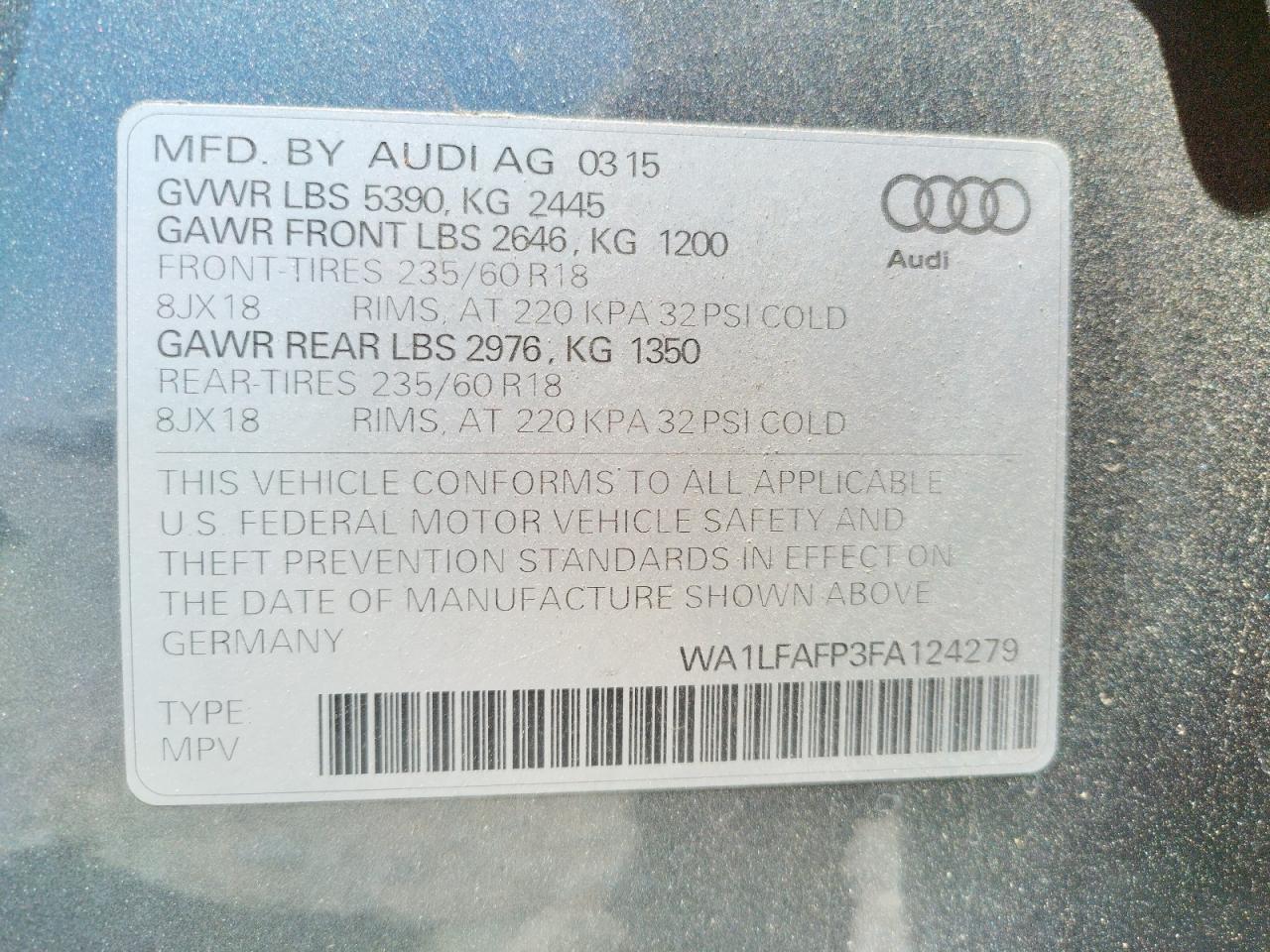 Photo 10 from auction – 2015 AUDI Q5 PREMIUM with VIN WA1LFAFP3FA124279