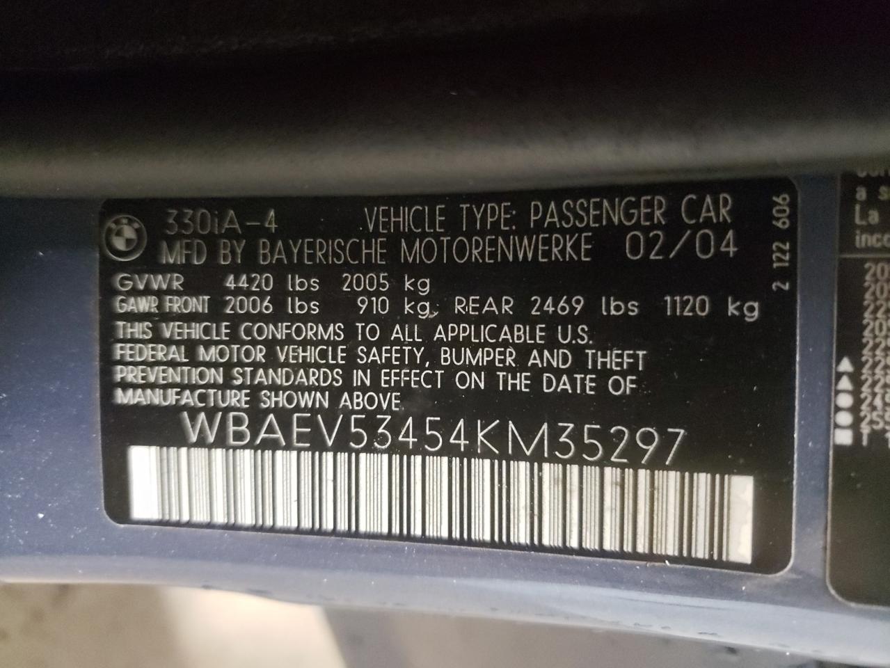 Photo 10 from auction – 2004 BMW 330 I with VIN WBAEV53454KM35297