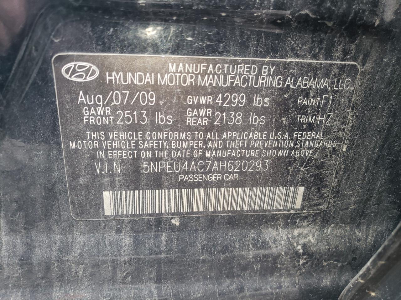 Photo 10 from auction – 2010 HYUNDAI SONATA SE with VIN 5NPEU4AC7AH620293