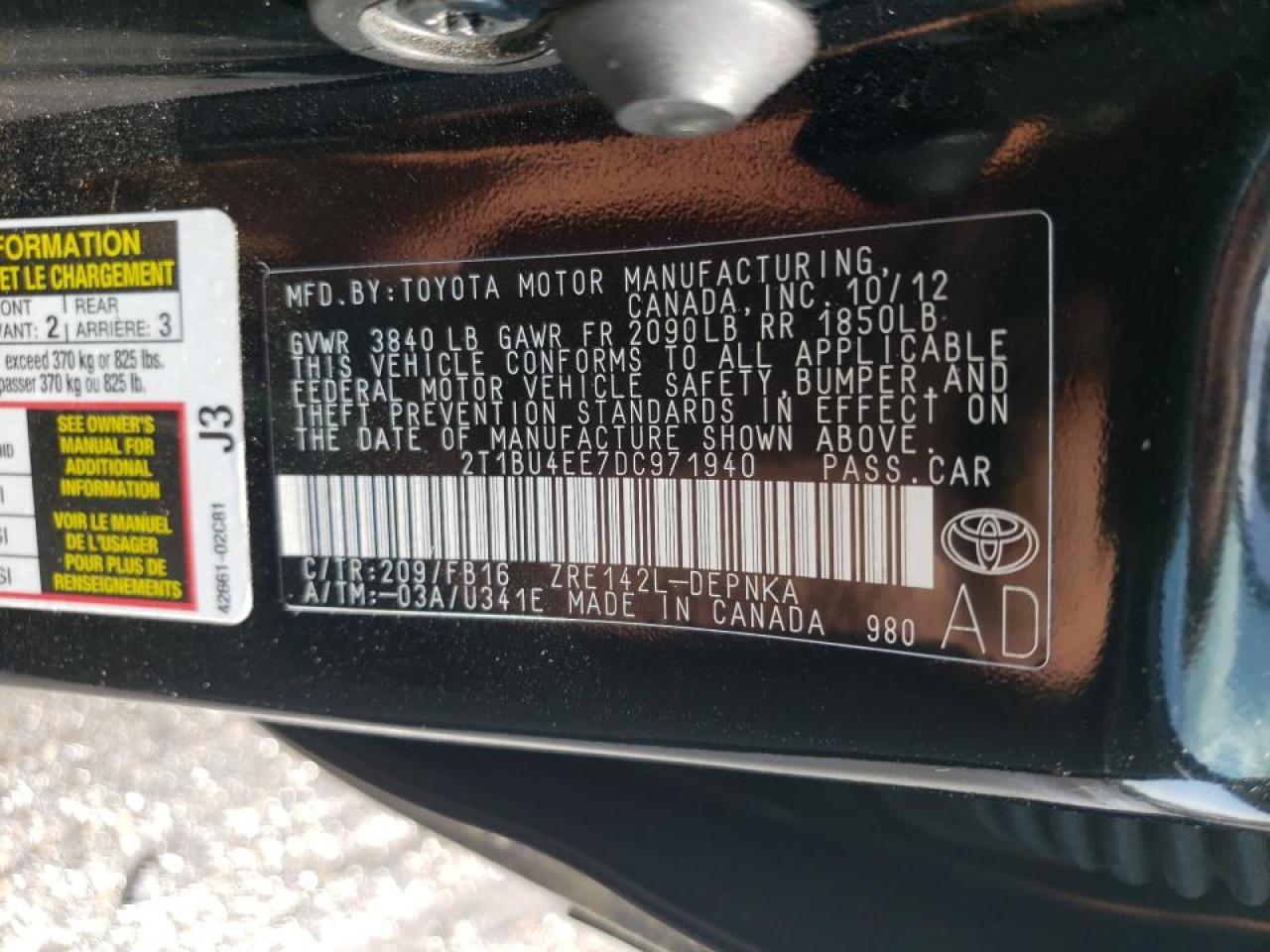 Photo 10 from auction – 2013 TOYOTA COROLLA BA with VIN 2T1BU4EE7DC971940