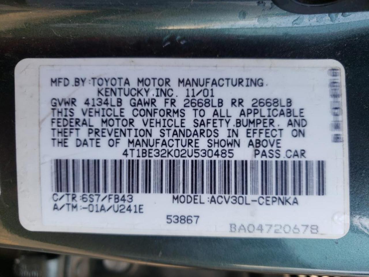 Photo 10 from auction – 2002 TOYOTA CAMRY LE with VIN 4T1BE32K02U530485