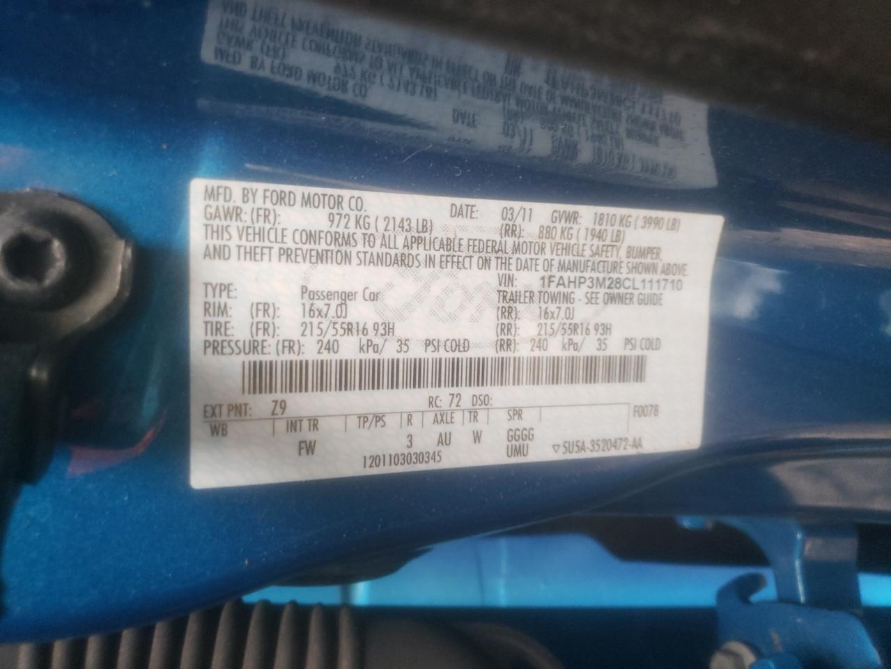 Photo 10 from auction – 2012 FORD FOCUS SEL with VIN 1FAHP3M28CL111710