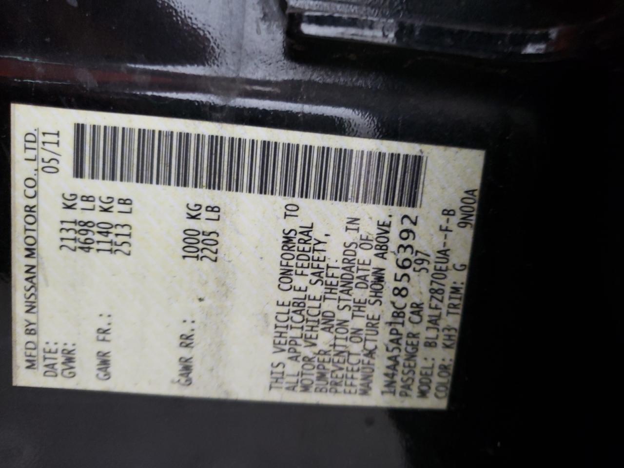 Photo 10 from auction – 2011 NISSAN MAXIMA S with VIN 1N4AA5AP1BC856392