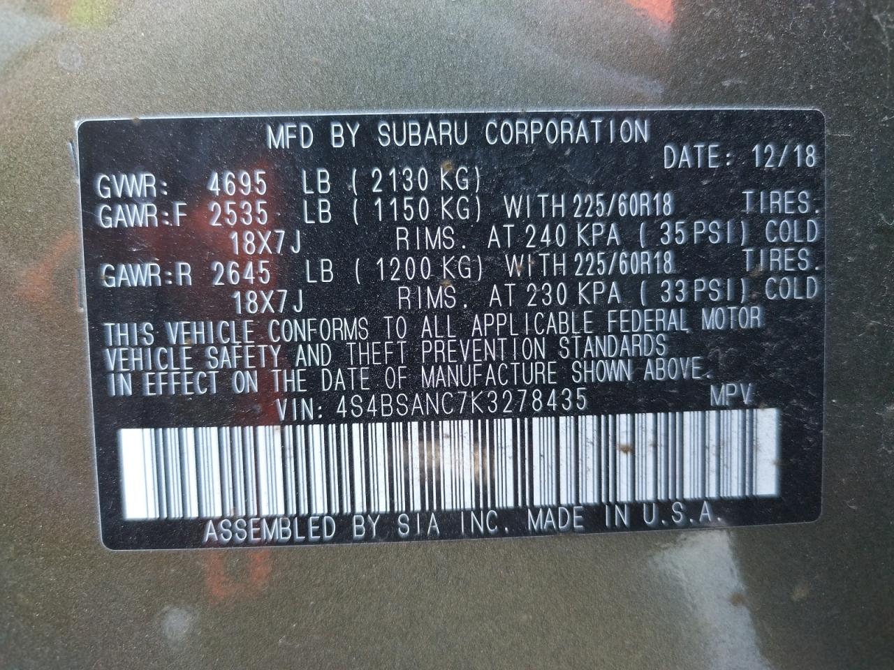 Photo 10 from auction – 2019 SUBARU OUTBACK 2. with VIN 4S4BSANC7K3278435