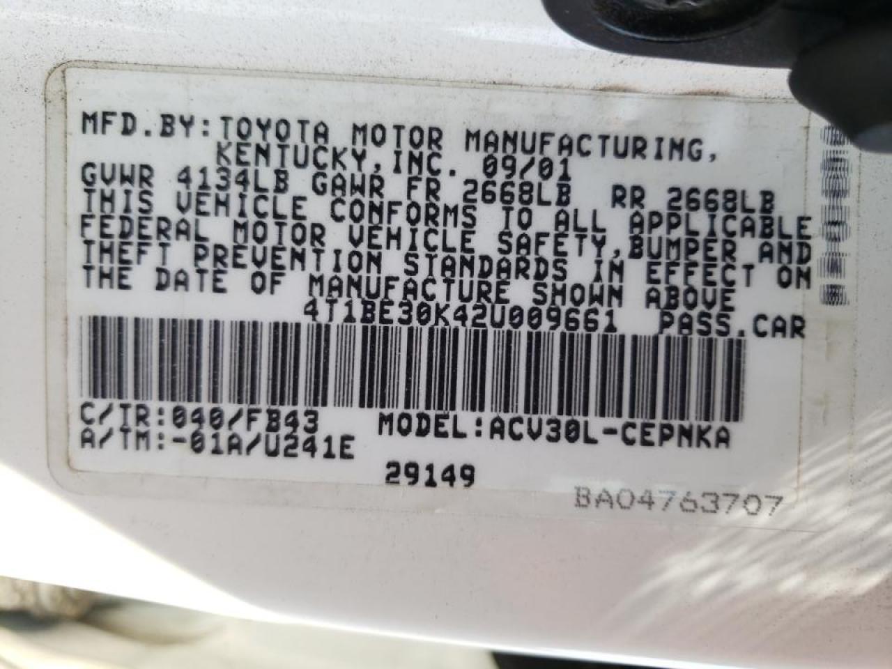 Photo 10 from auction – 2002 TOYOTA CAMRY LE with VIN 4T1BE30K42U009661