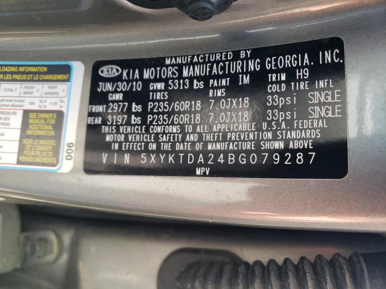 Photo 10 from auction – 2011 KIA SORENTO BA with VIN 5XYKTDA24BG079287
