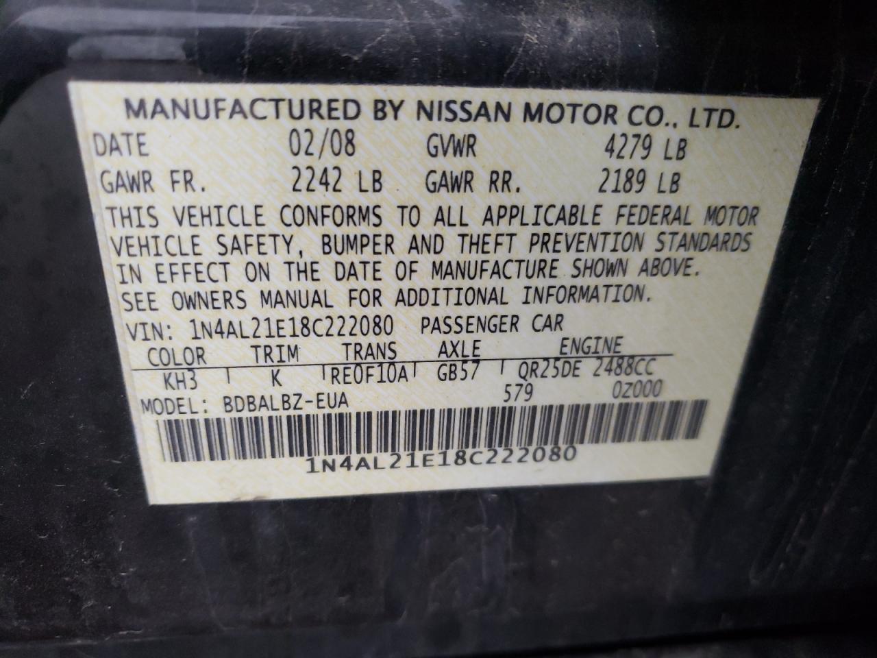 Photo 10 from auction – 2008 NISSAN ALTIMA 2.5 with VIN 1N4AL21E18C222080