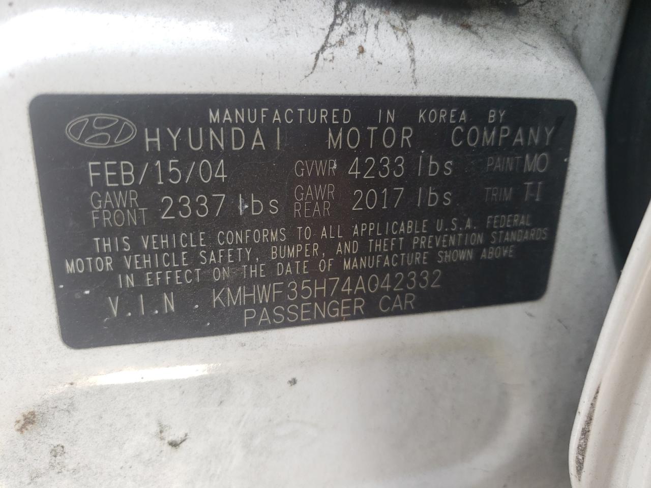 Photo 11 from auction – 2004 HYUNDAI SONATA with VIN KMHWF35H74A042332