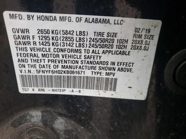 Photo 10 from auction – 2019 HONDA PILOT ELIT with VIN 5FNYF6H02KB061671