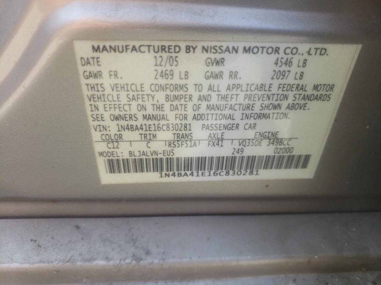 Photo 10 from auction – 2006 NISSAN MAXIMA with VIN 1N4BA41E16C830281