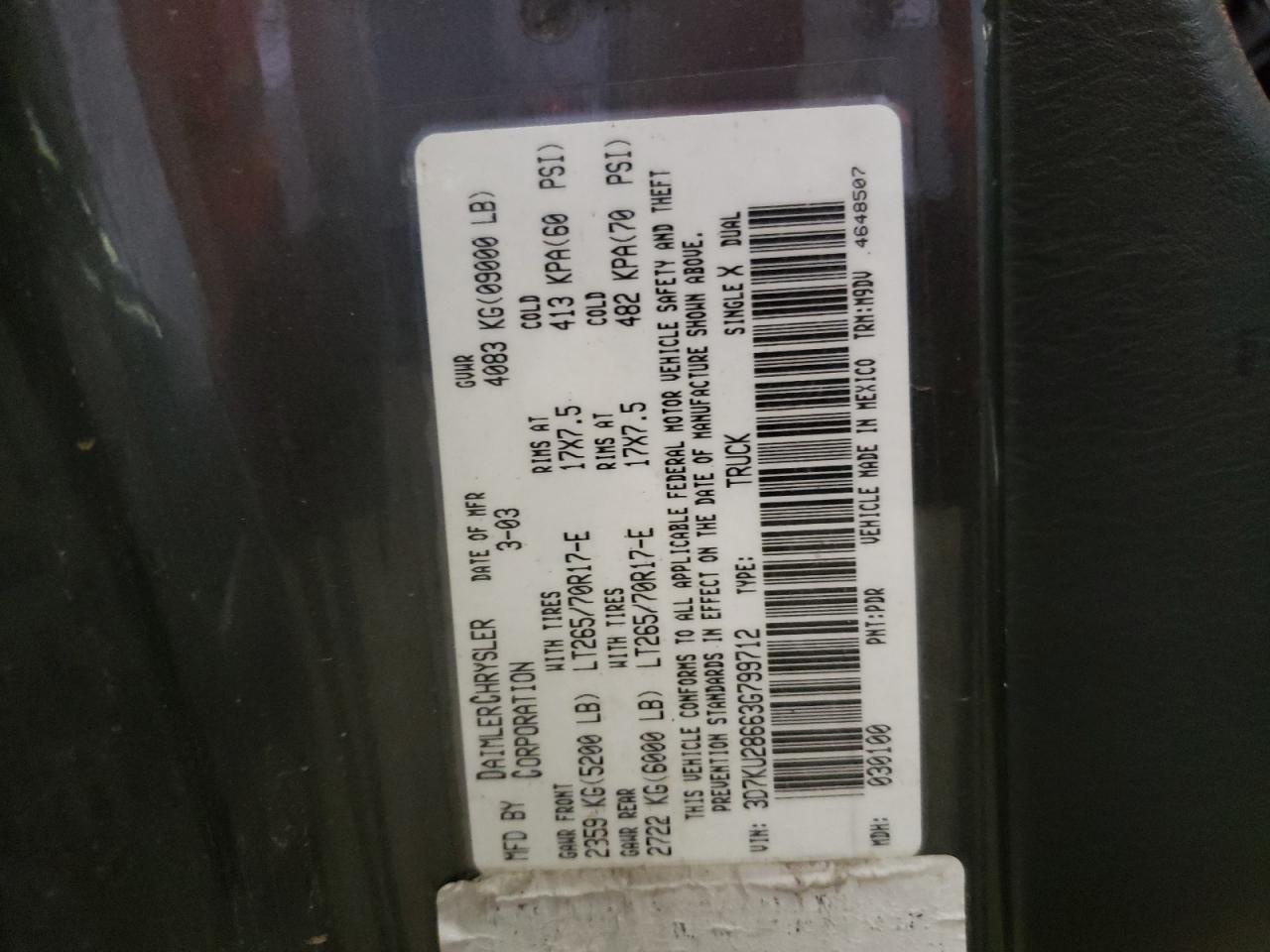 Photo 10 from auction – 2003 DODGE RAM 2500 S with VIN 3D7KU28663G799712