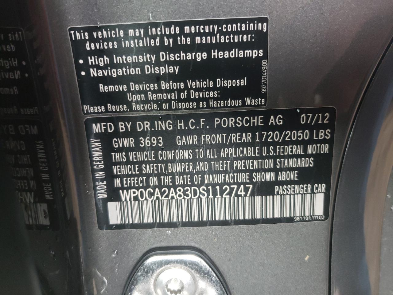 Photo 10 from auction – 2013 PORSCHE BOXSTER with VIN WP0CA2A83DS112747