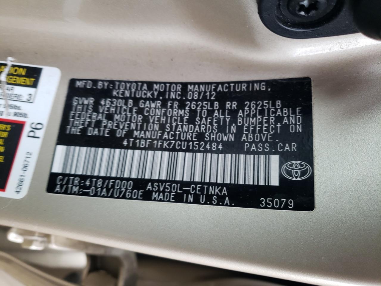 Photo 10 from auction – 2012 TOYOTA CAMRY BASE with VIN 4T1BF1FK7CU152484