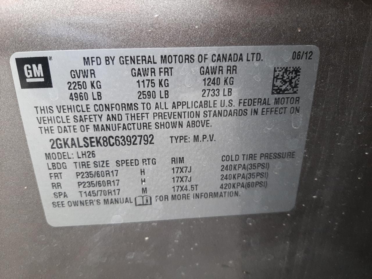 Photo 11 from auction – 2012 GMC TERRAIN SL with VIN 2GKALSEK8C6392792