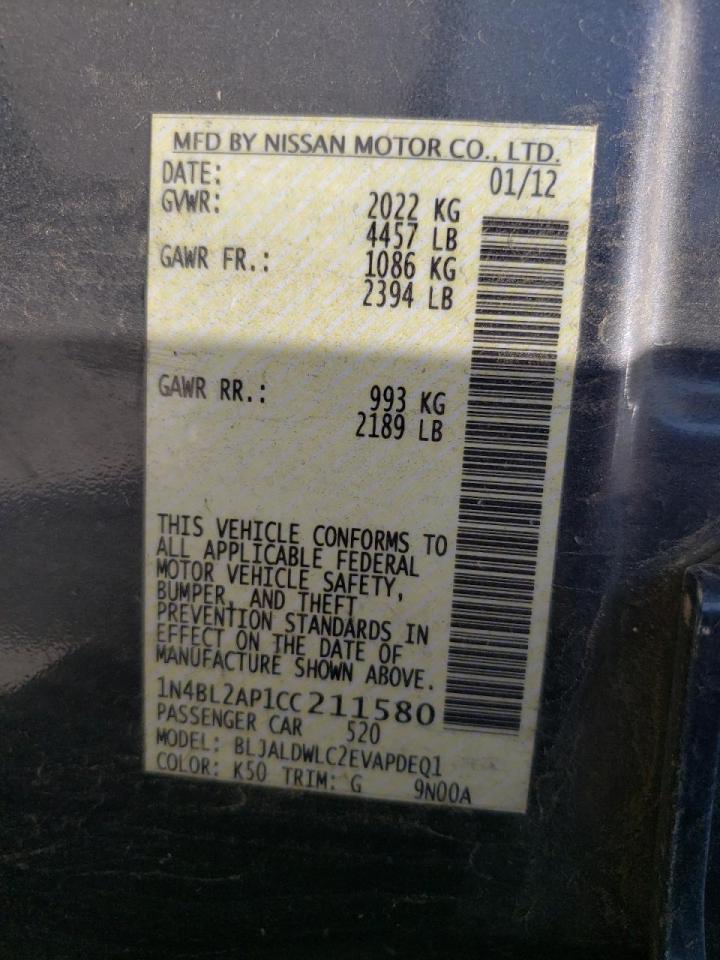 Photo 10 from auction – 2012 NISSAN ALTIMA SR with VIN 1N4BL2AP1CC211580
