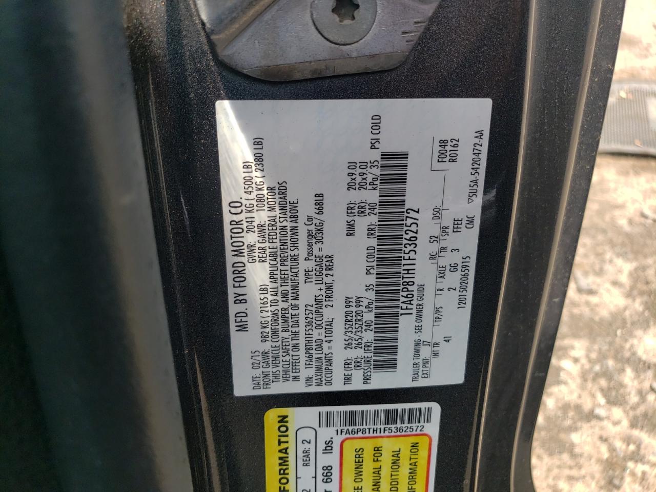 Photo 10 from auction – 2015 FORD MUSTANG with VIN 1FA6P8TH1F5362572