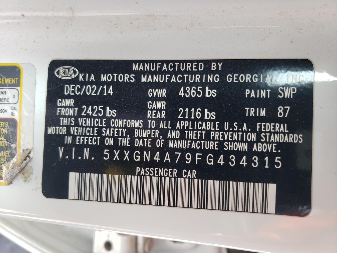 Photo 10 from auction – 2015 KIA OPTIMA EX with VIN 5XXGN4A79FG434315