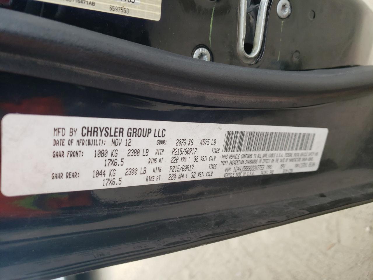 Photo 10 from auction – 2013 JEEP COMPASS SP with VIN 1C4NJDBB9DD207753