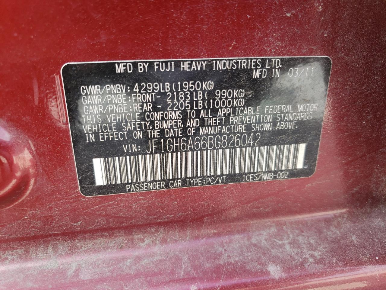 Photo 10 from auction – 2011 SUBARU IMPREZA 2. with VIN JF1GH6A66BG826042