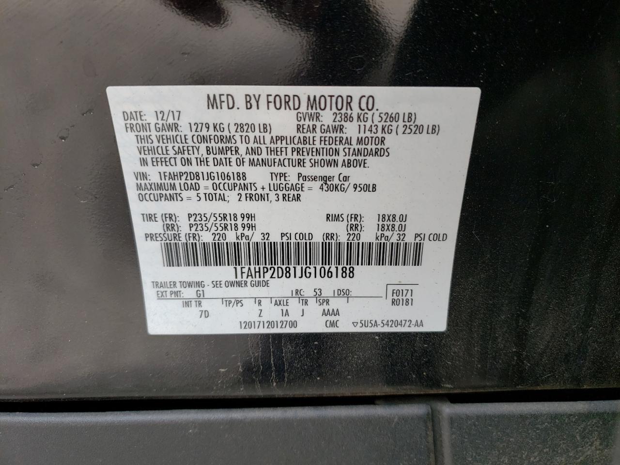 Photo 10 from auction – 2018 FORD TAURUS SE with VIN 1FAHP2D81JG106188